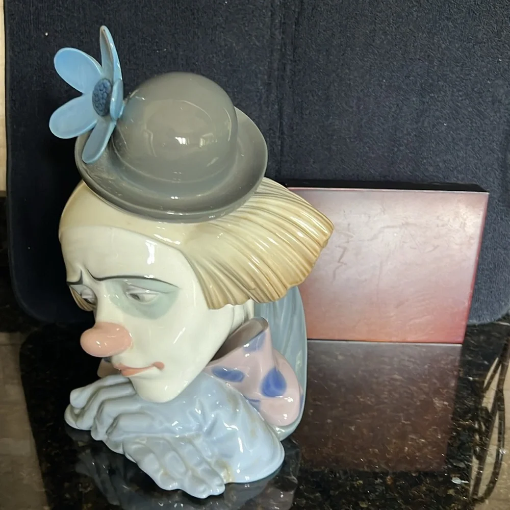 Vintage 1980’s Lladro pensive Clown bust #5130 with wood base and original box - Picture 13 of 17